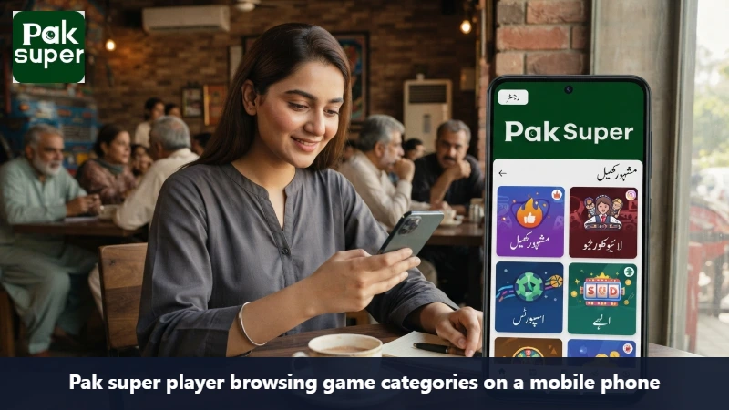 Pak super player browsing game categories on a mobile phone